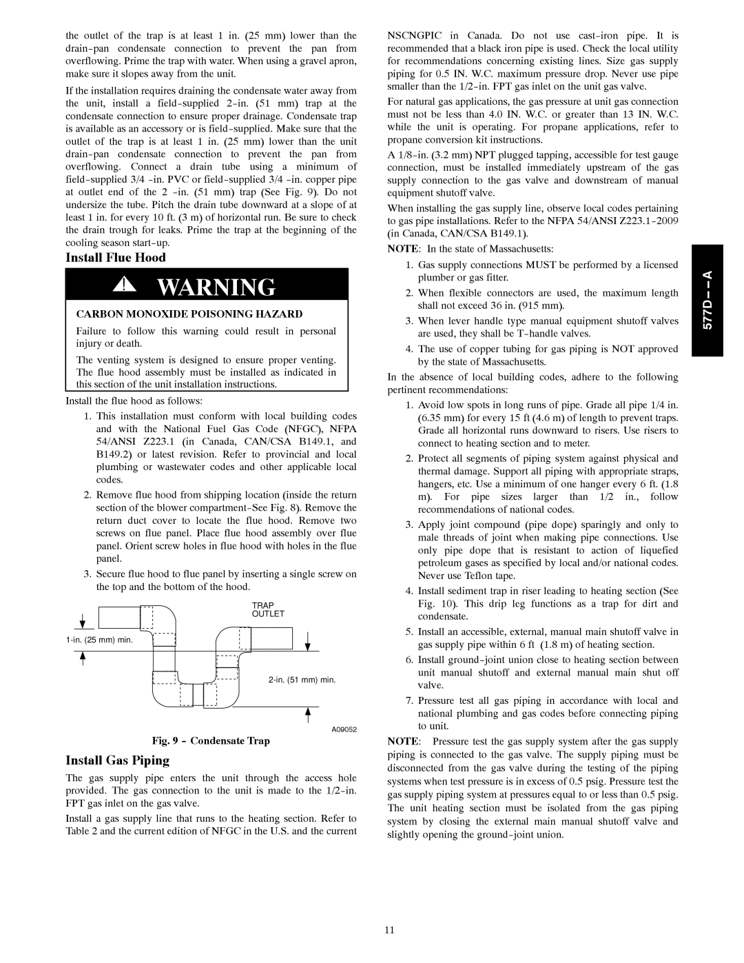 Bryant 577D----A installation instructions Install Flue Hood, Install Gas Piping, Carbon Monoxide Poisoning Hazard 