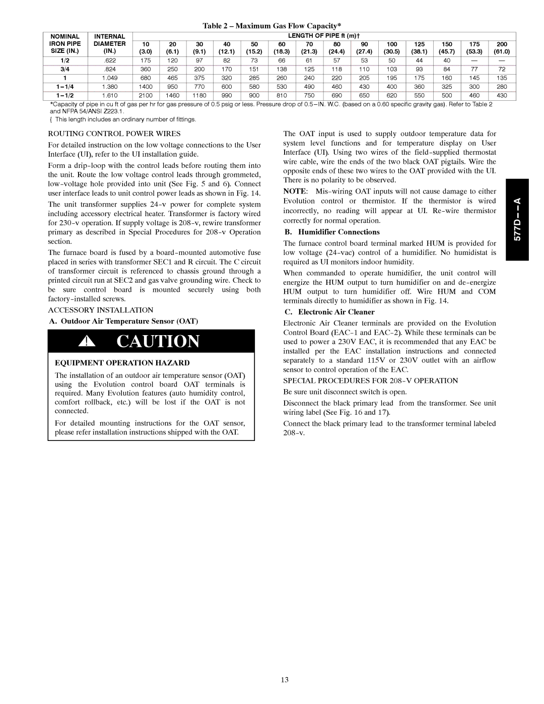 Bryant 577D----A Maximum Gas Flow Capacity, Outdoor Air Temperature Sensor OAT, Humidifier Connections 