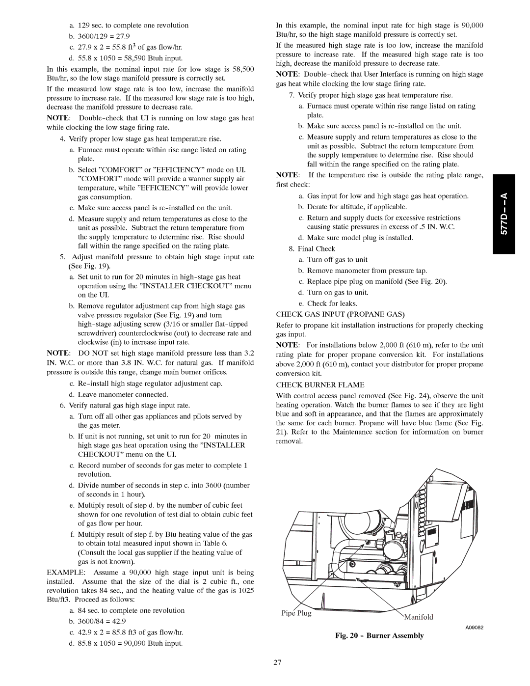 Bryant 577D----A installation instructions Check GAS Input Propane GAS, Check Burner Flame 