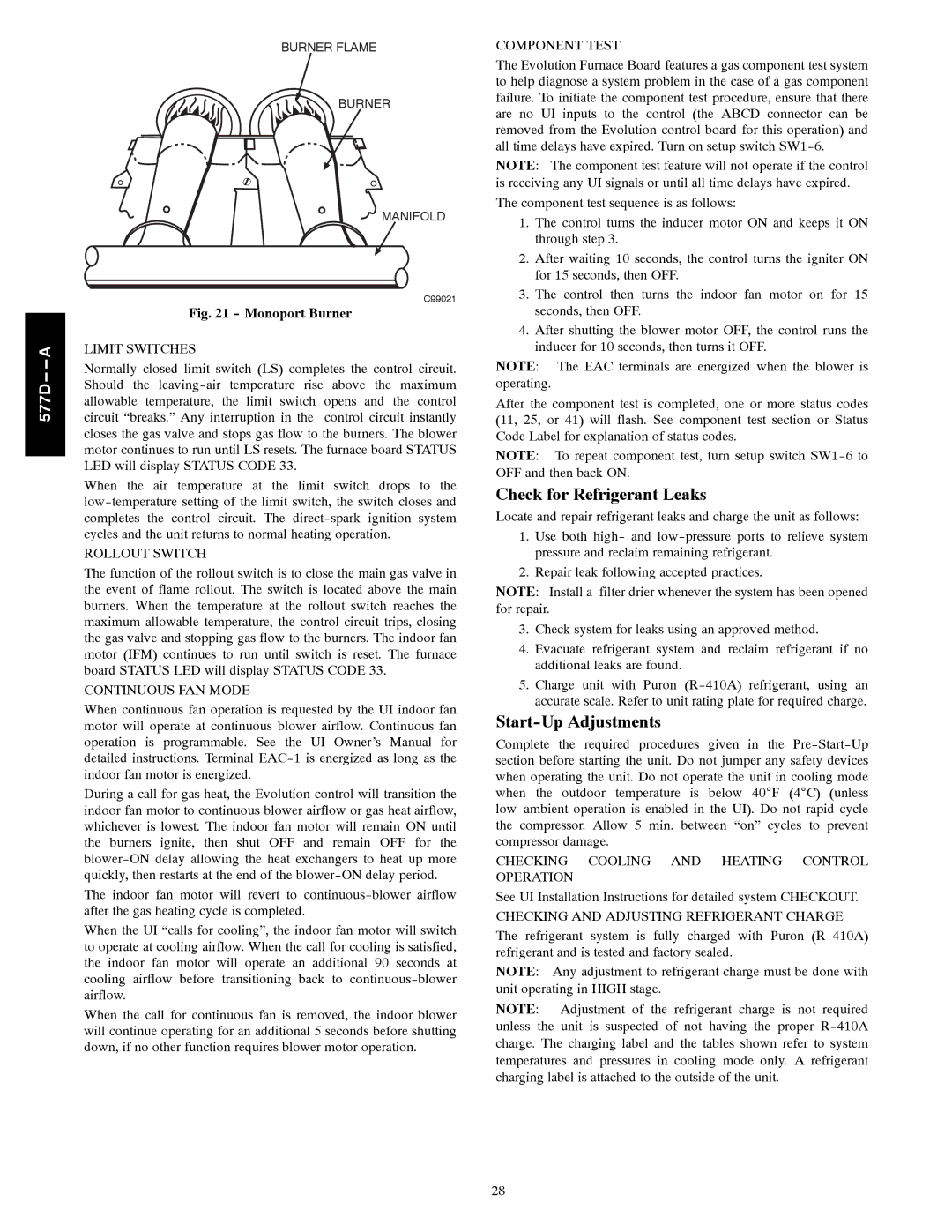 Bryant 577D----A installation instructions Check for Refrigerant Leaks, Start-Up Adjustments 