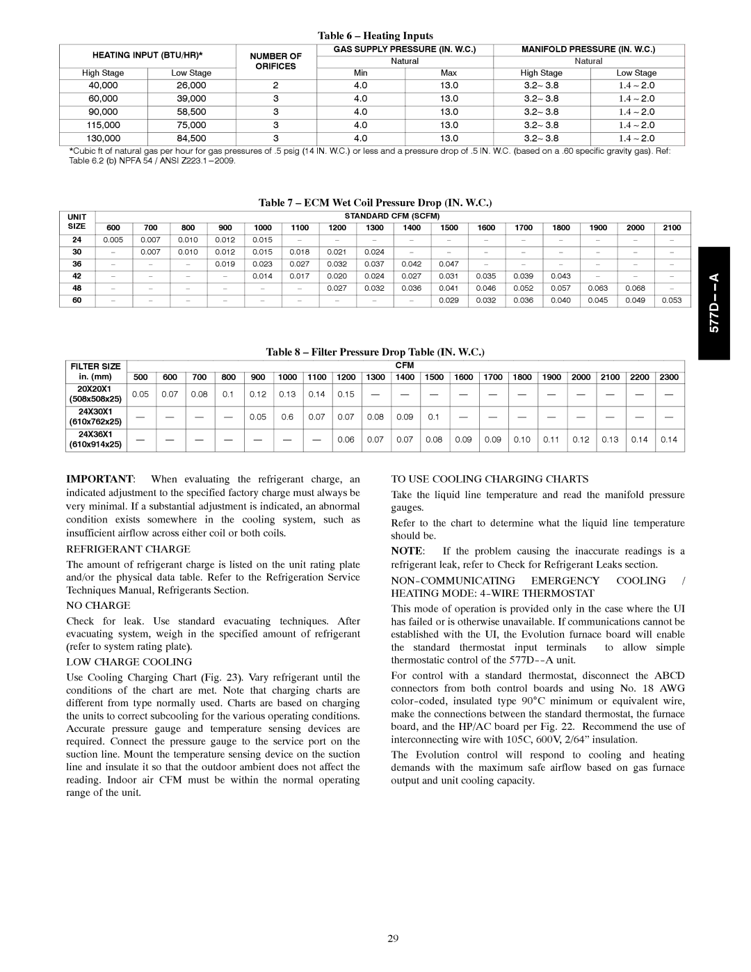 Bryant 577D----A Heating Inputs, ECM Wet Coil Pressure Drop IN. W.C, Filter Pressure Drop Table IN. W.C 