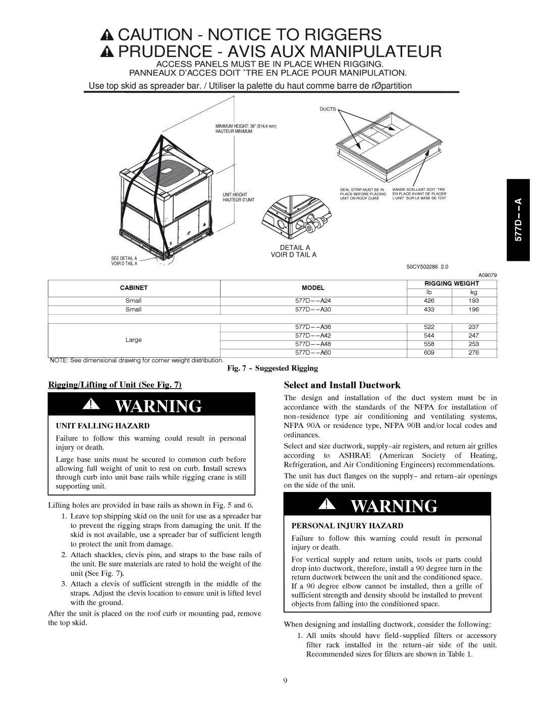 Bryant 577D----A Select and Install Ductwork, Personal Injury Hazard, Cabinet Model Rigging Weight 