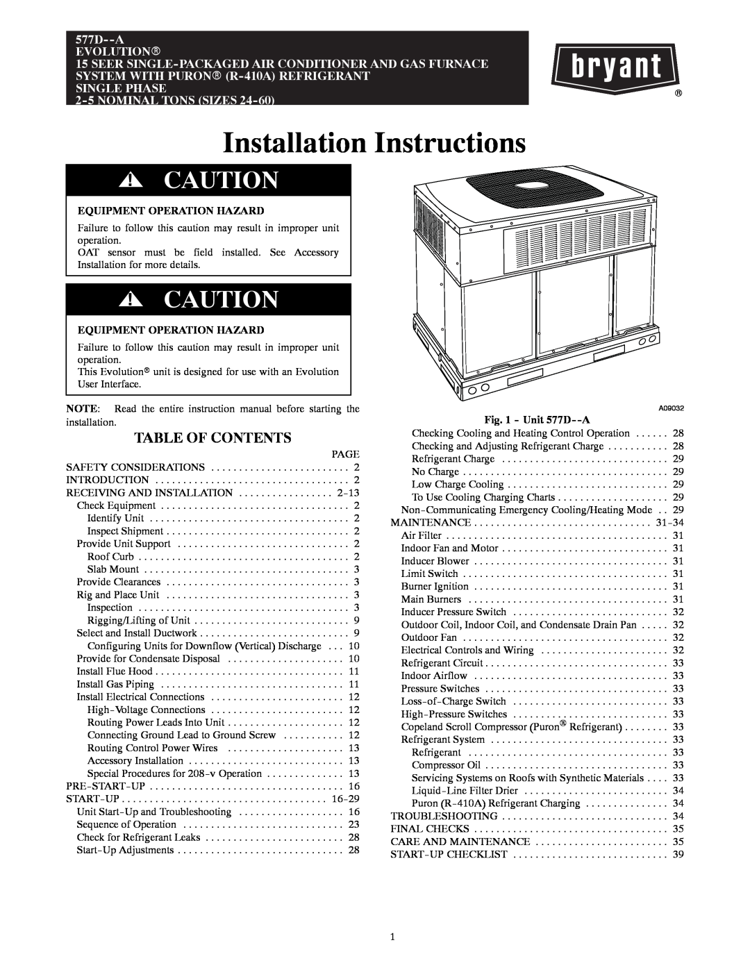 Bryant 577D----A installation instructions Table Of Contents, Equipment Operation Hazard, Unit 577D--A, 577D--AEVOLUTIONR 