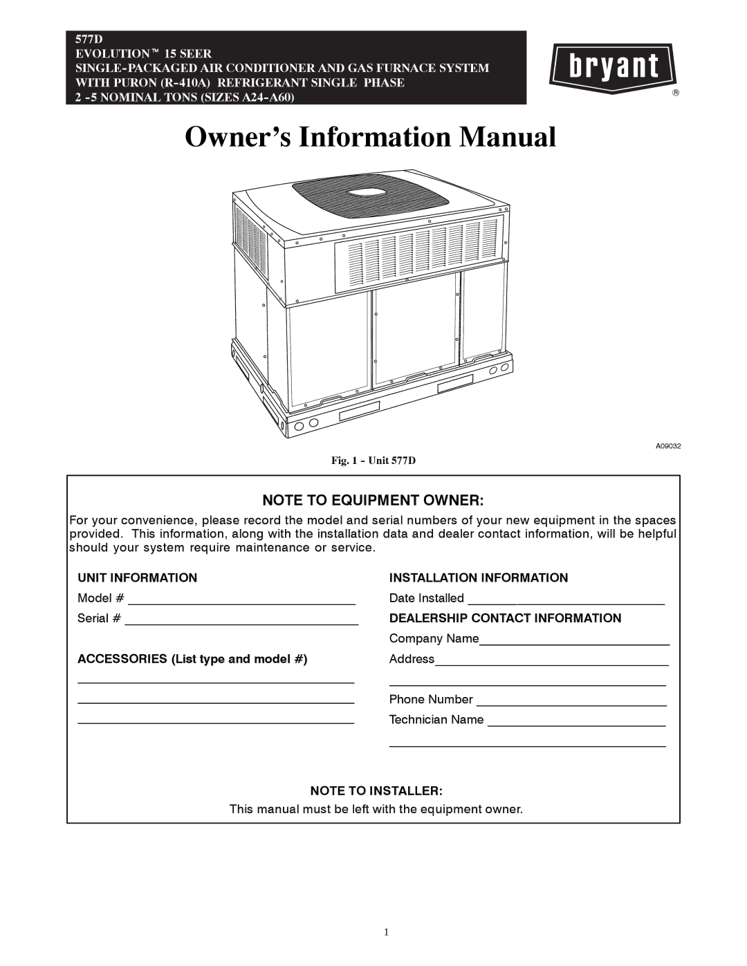 Bryant 577D manual Owner’s Information Manual 