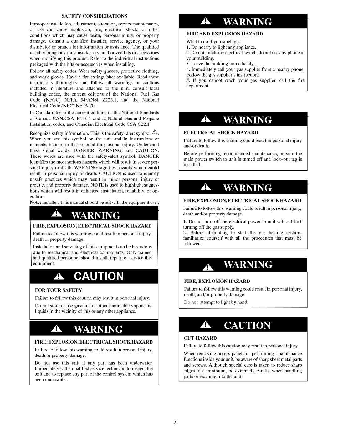 Bryant 577D Safety Considerations, FIRE, EXPLOSION, Electrical Shock Hazard, For Your Safety, Fire and Explosion Hazard 