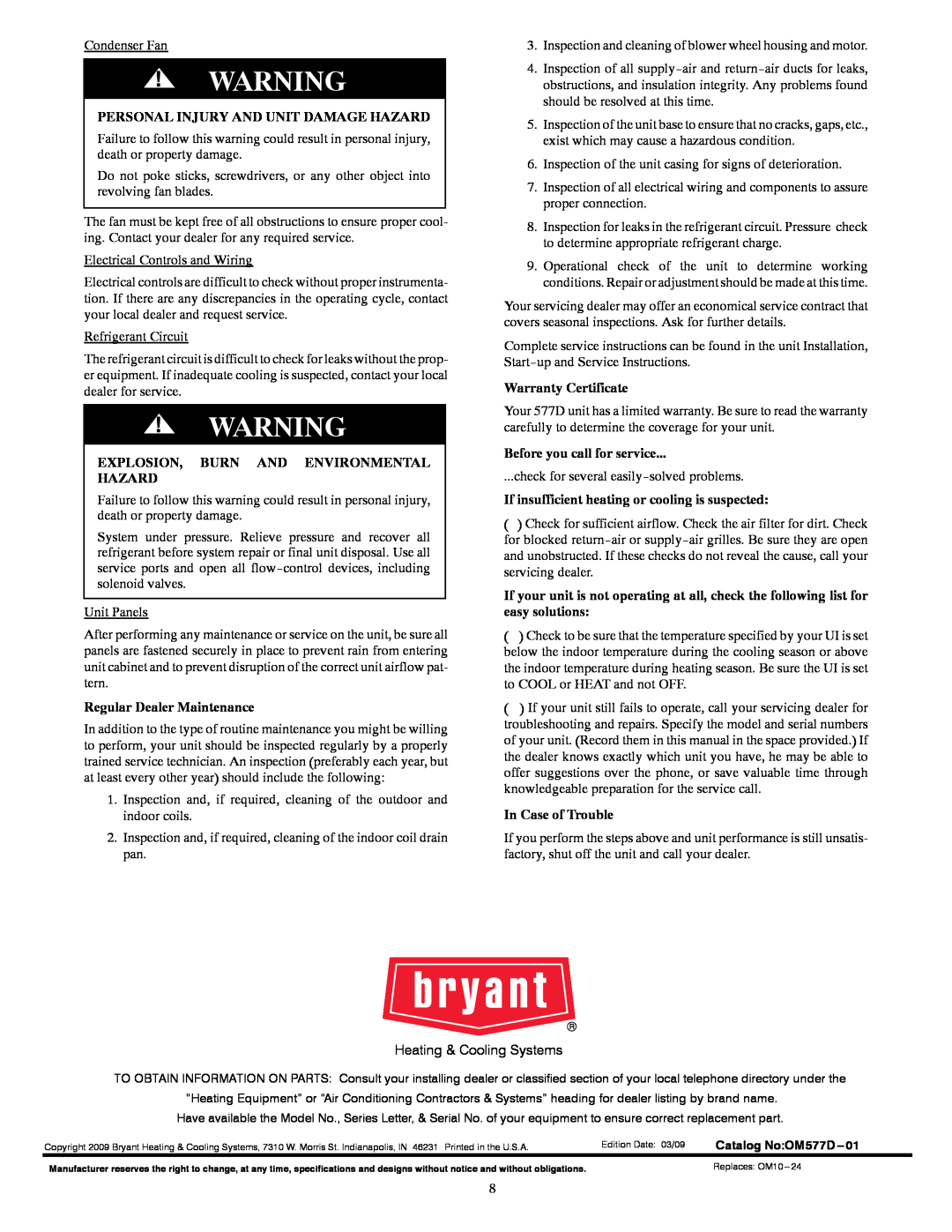 Bryant 577D Personal Injury And Unit Damage Hazard, Explosion, Burn And Environmental Hazard, Regular Dealer Maintenance 