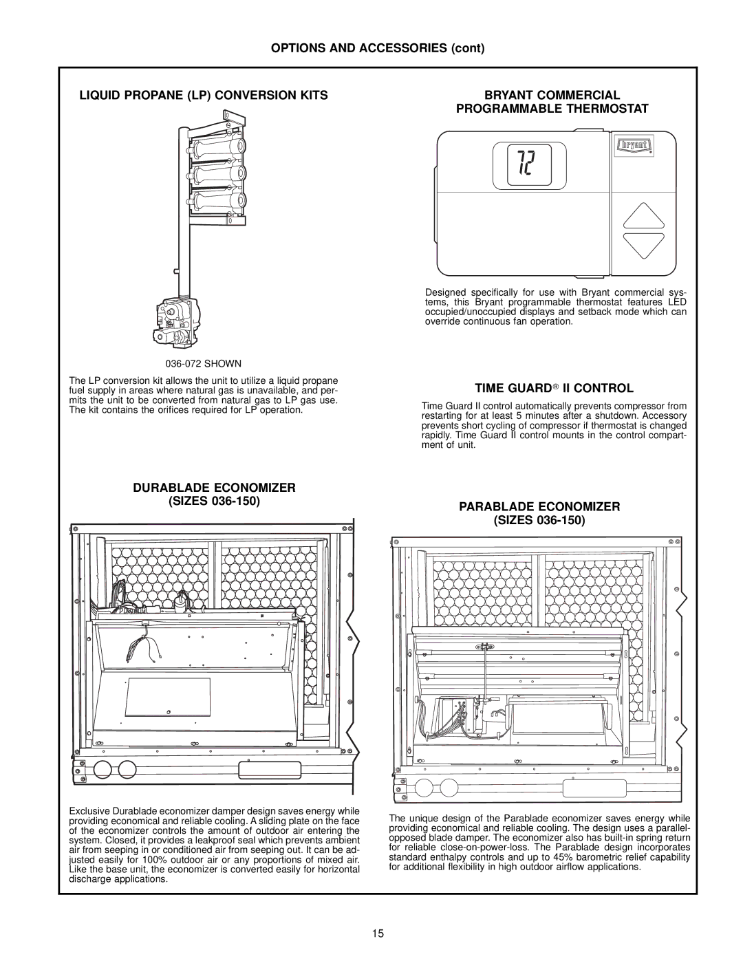 Bryant 580D manual Options and Accessories, Time Guard II Control, Durablade Economizer, Sizes, Parablade Economizer 