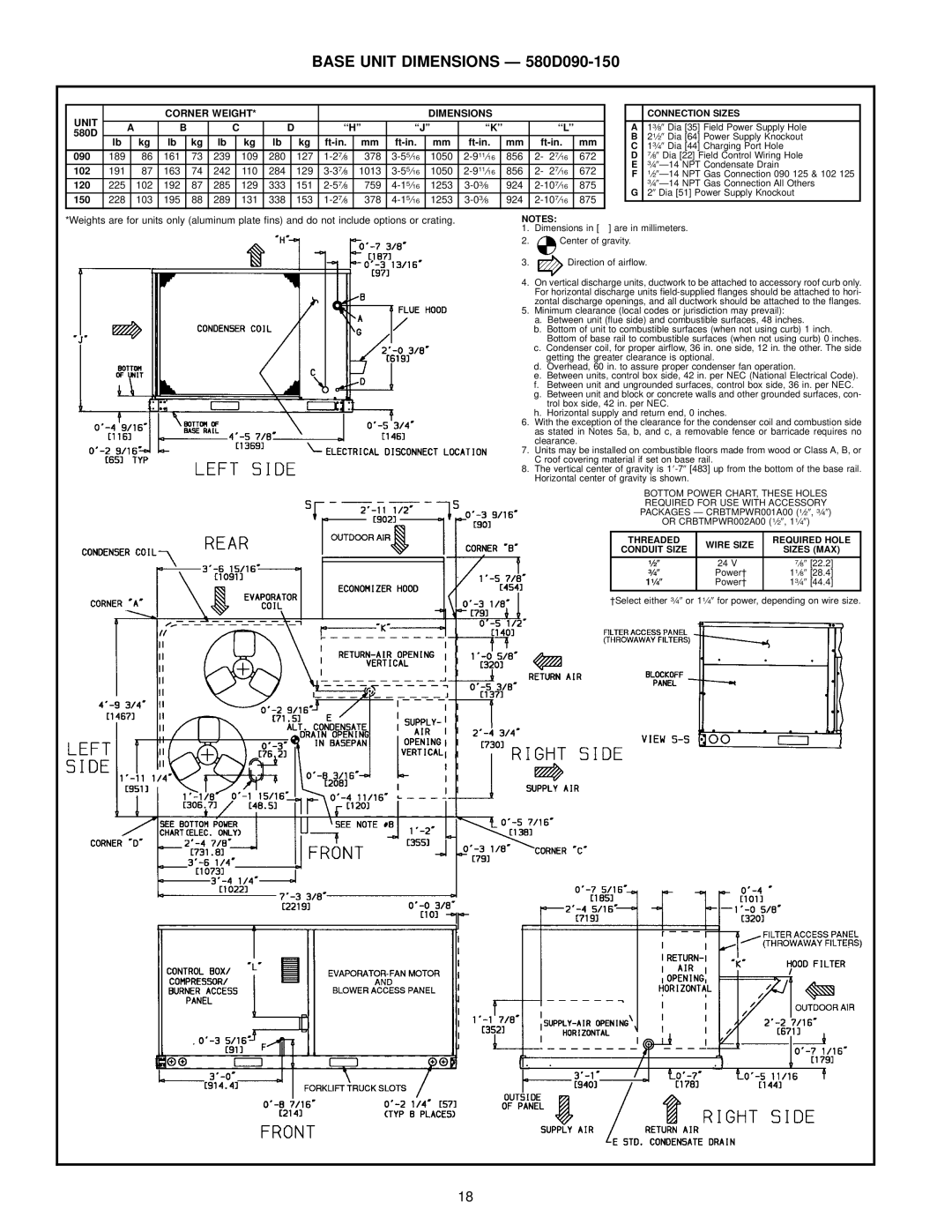 Bryant manual Base Unit Dimensions Ð 580D090-150, Unit Corner Weight Dimensions 