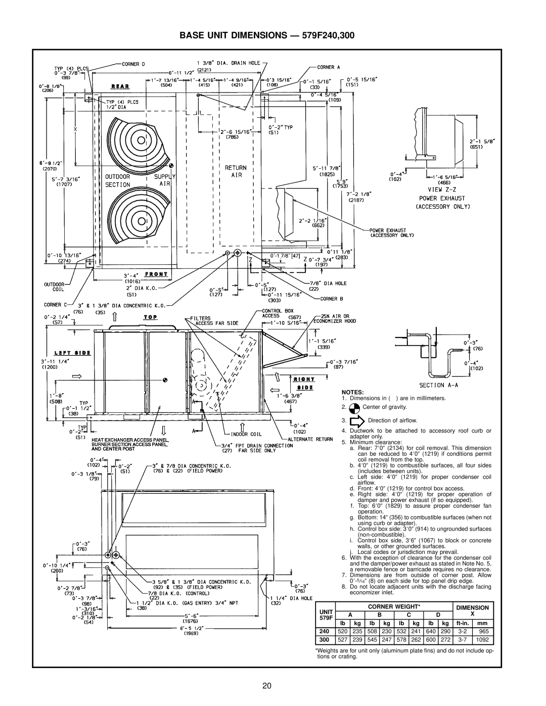 Bryant 580D manual Base Unit Dimensions Ð 579F240,300 