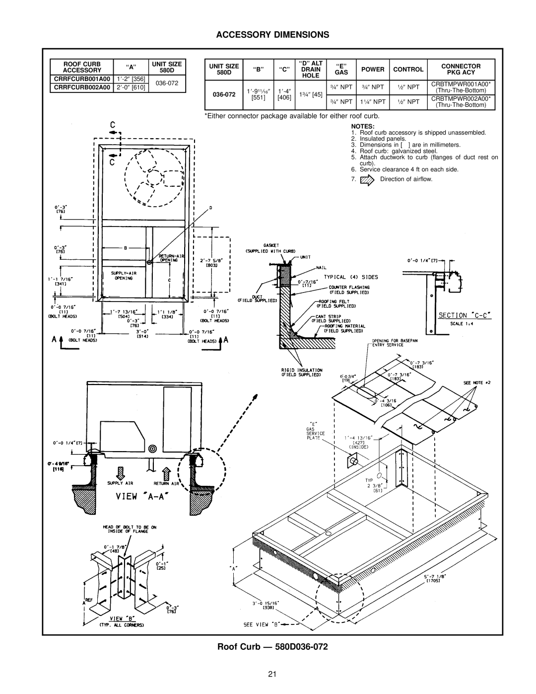 Bryant manual Accessory Dimensions, Roof Curb Ð 580D036-072 