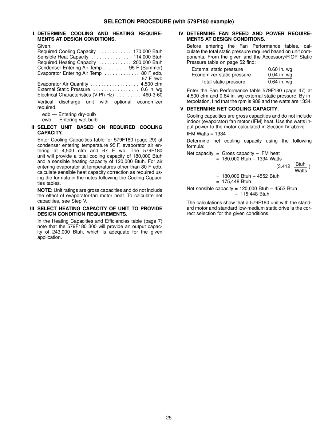 Bryant 580D manual Selection Procedure with 579F180 example, II Select Unit Based on Required Cooling Capacity 