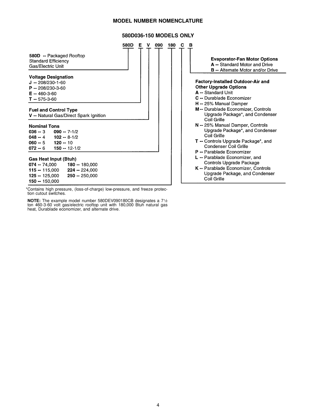Bryant manual Model Number Nomenclature, 580D036-150 Models only 