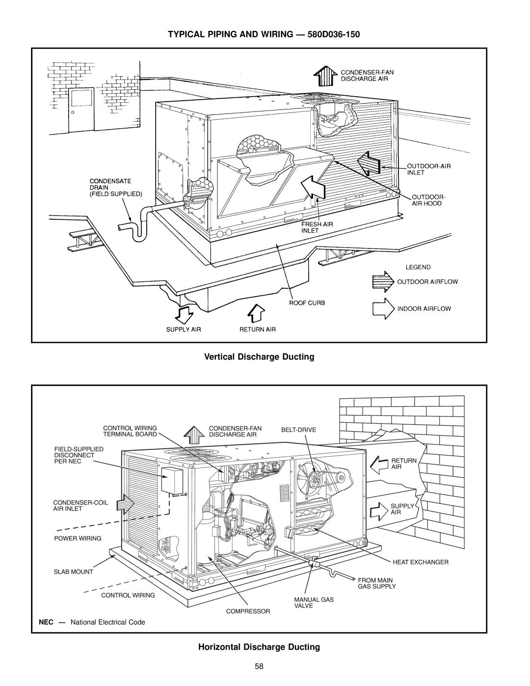 Bryant manual Typical Piping and Wiring Ð 580D036-150, Vertical Discharge Ducting, Horizontal Discharge Ducting 