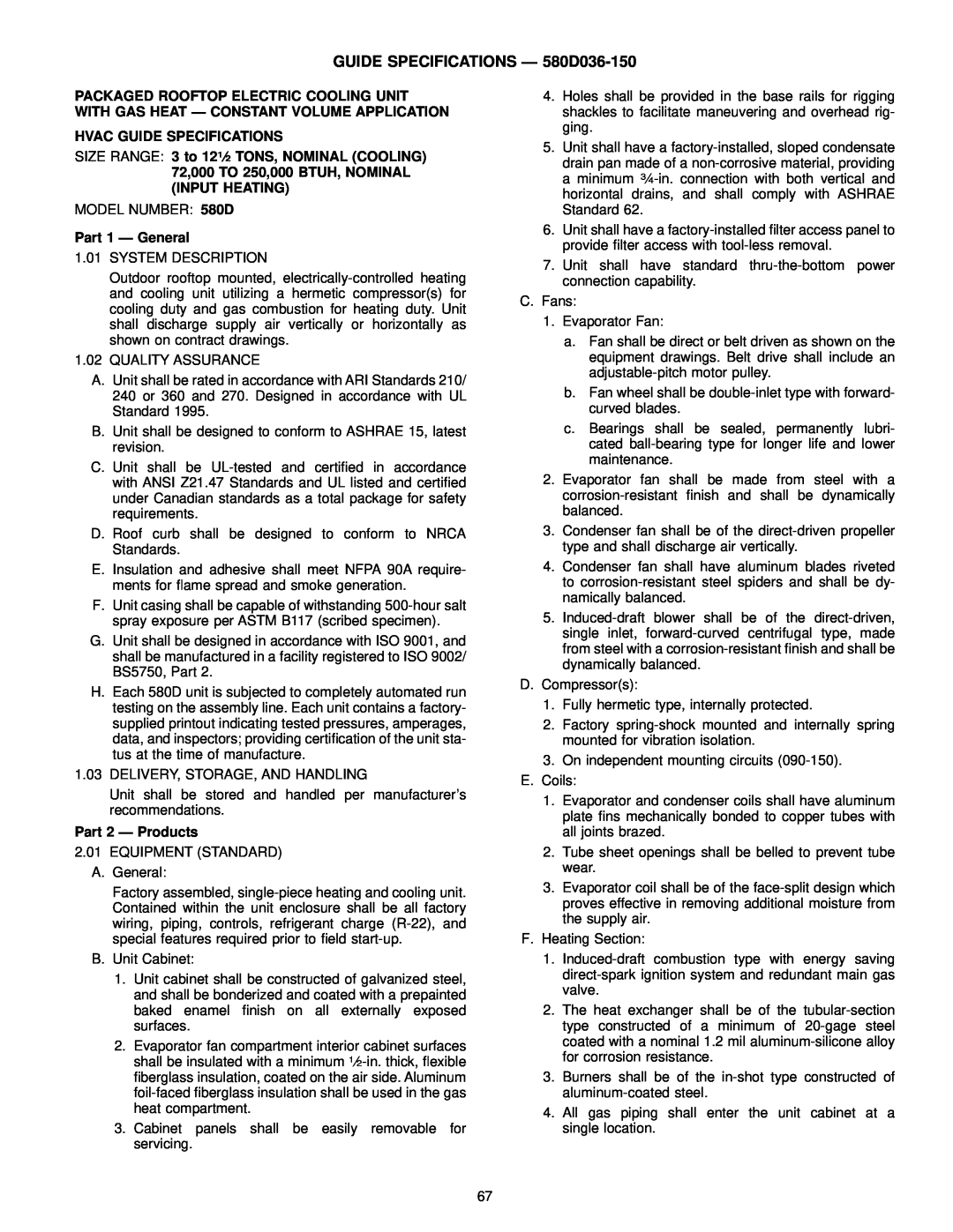 Bryant manual GUIDE SPECIFICATIONS Ð 580D036-150, Hvac Guide Specifications, Part 1 Ð General, Part 2 Ð Products 