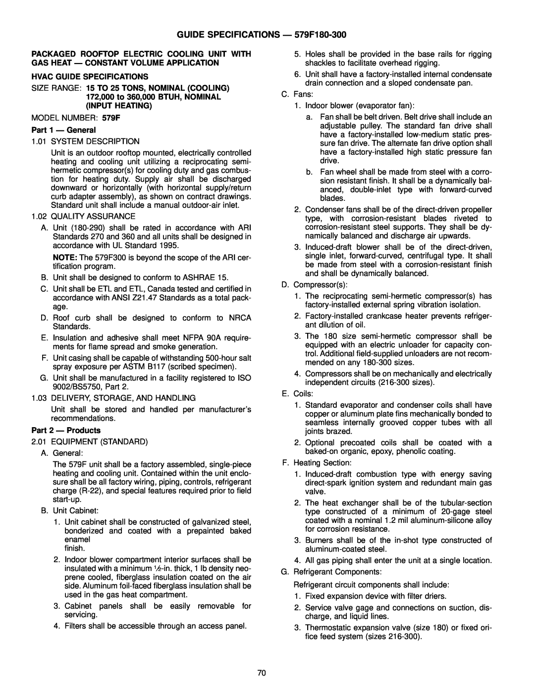 Bryant 580D manual GUIDE SPECIFICATIONS Ð 579F180-300, Hvac Guide Specifications, Part 1 Ð General, Part 2 Ð Products 