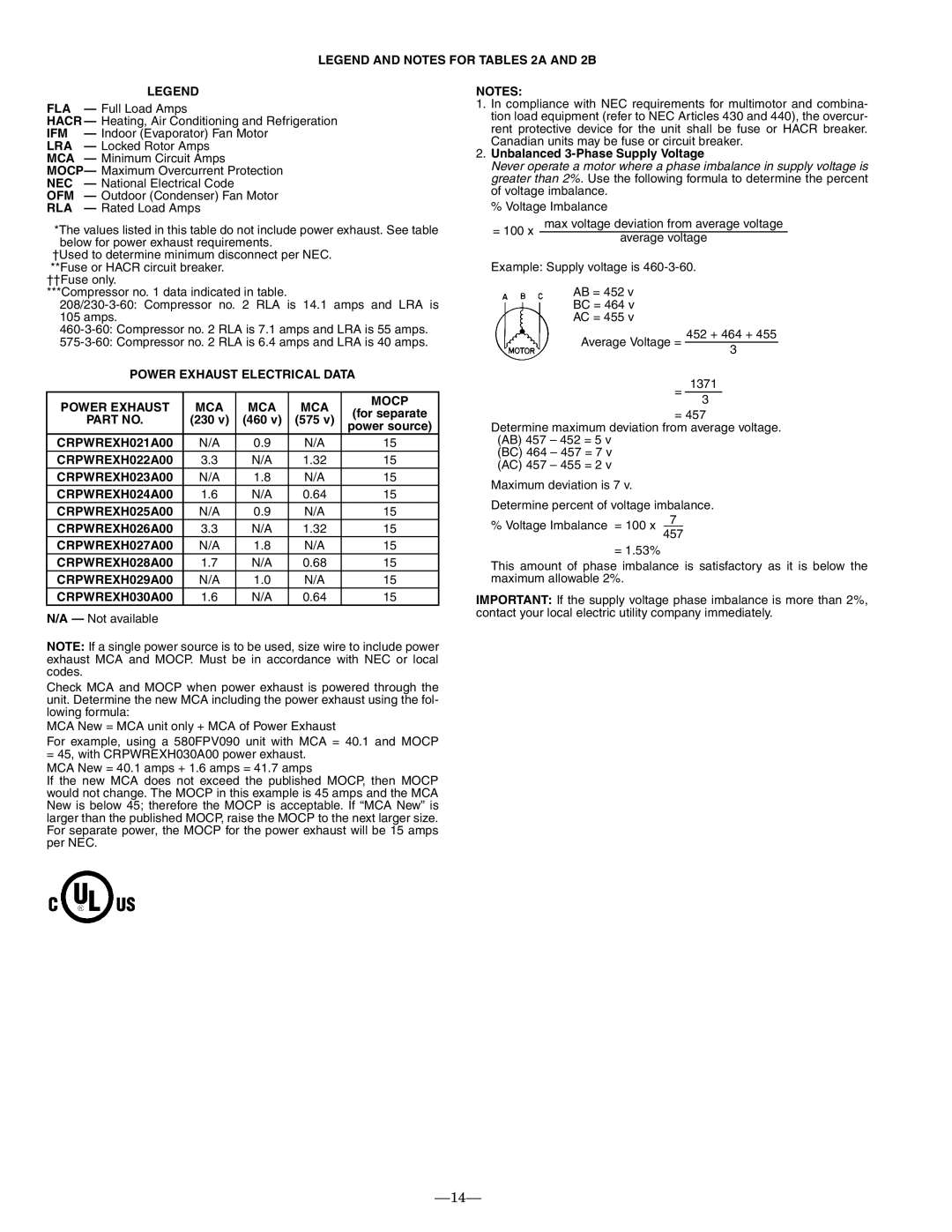 Bryant 580F installation instructions Power Exhaust Electrical Data MCA Mocp, Unbalanced 3-Phase Supply Voltage 