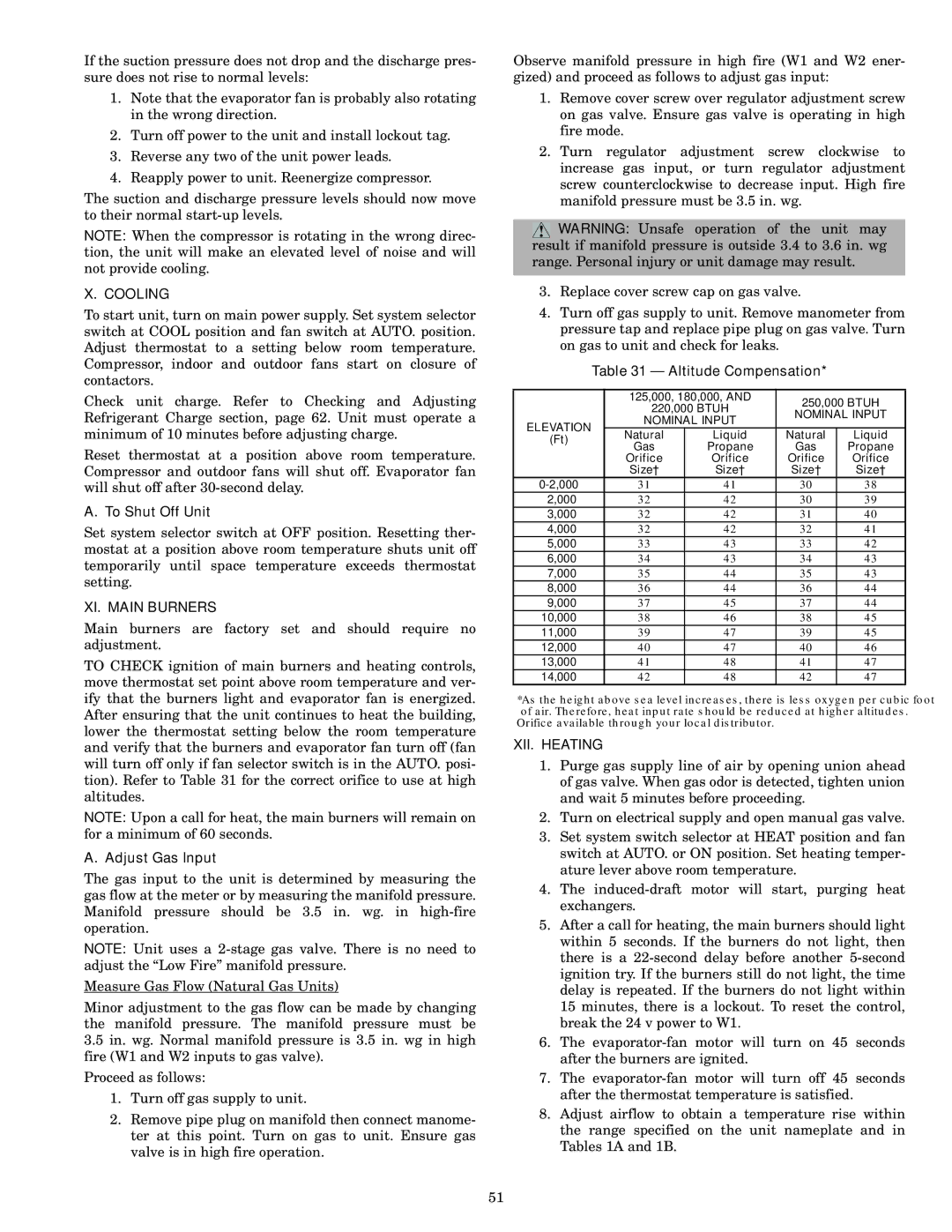 Bryant 580F installation instructions Cooling, XI. Main Burners, XII. Heating 