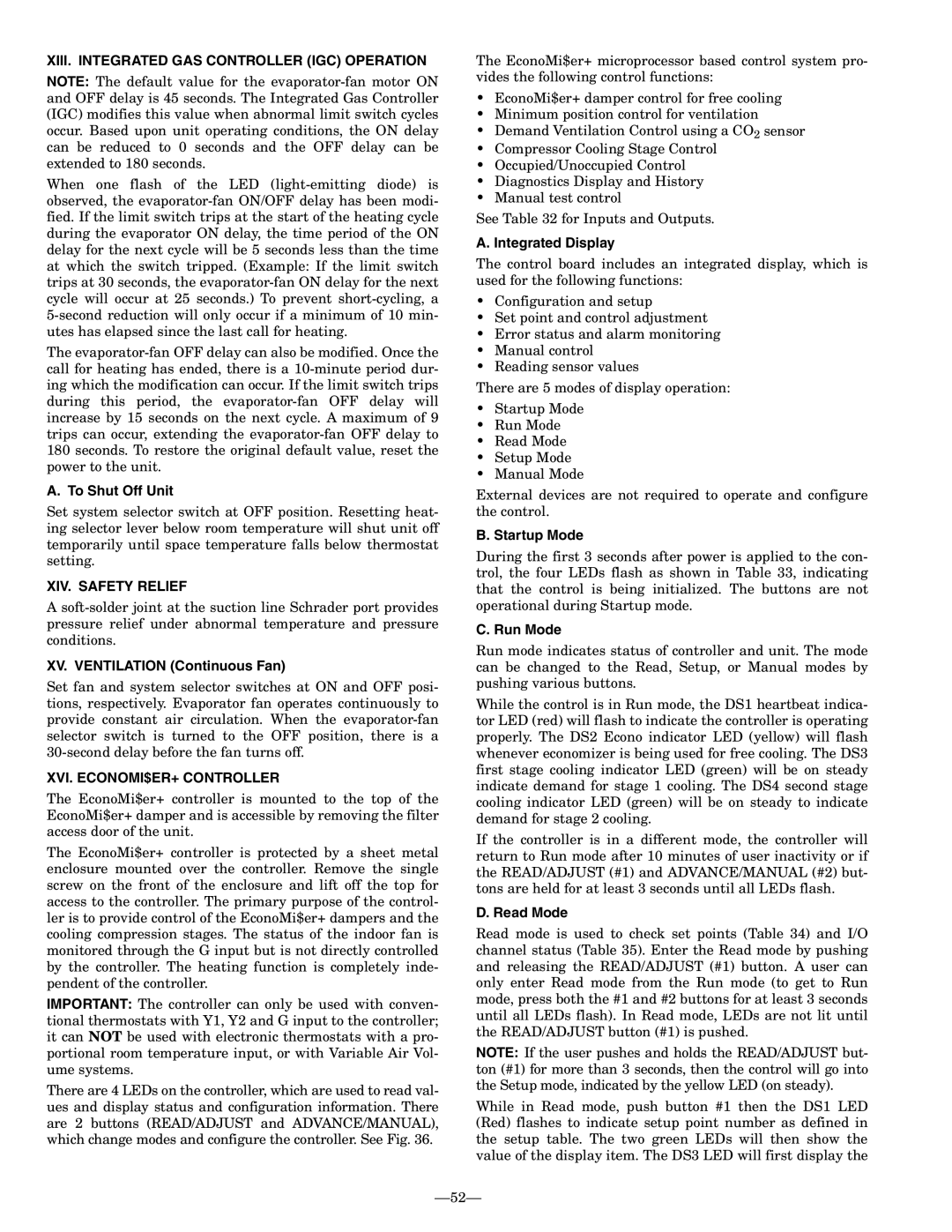 Bryant 580F XIII. Integrated GAS Controller IGC Operation, XIV. Safety Relief, XVI. ECONOMI$ER+ Controller 