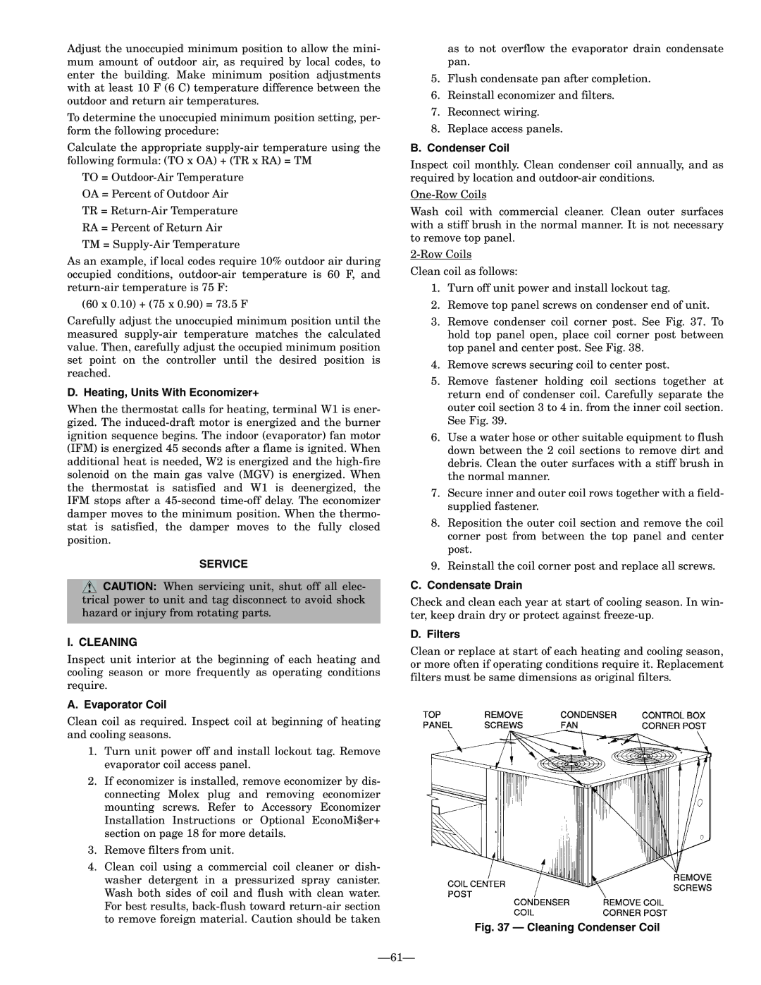 Bryant 580F installation instructions Service Cleaning 