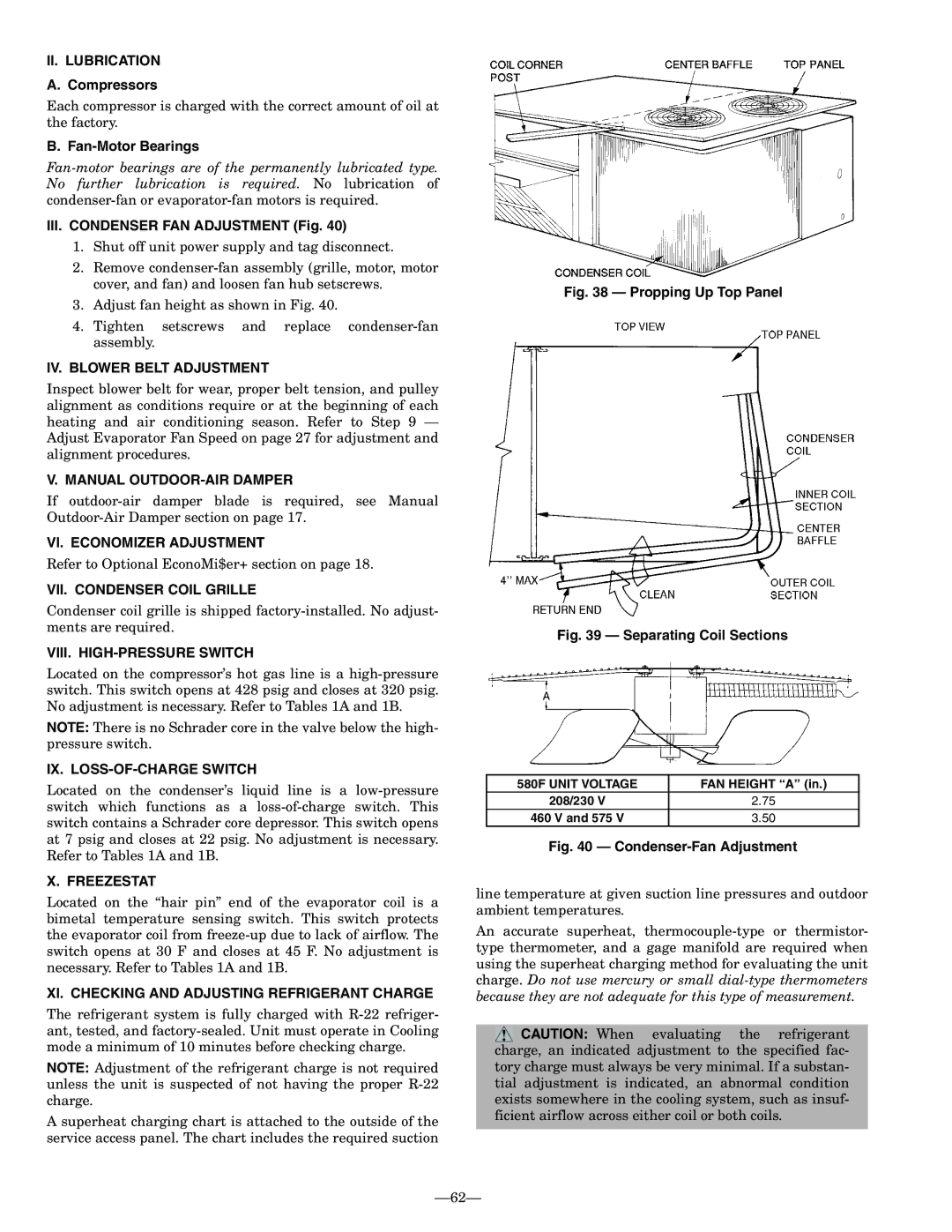 Bryant 580F II. Lubrication, IV. Blower Belt Adjustment, Manual OUTDOOR-AIR Damper, VI. Economizer Adjustment, Freezestat 