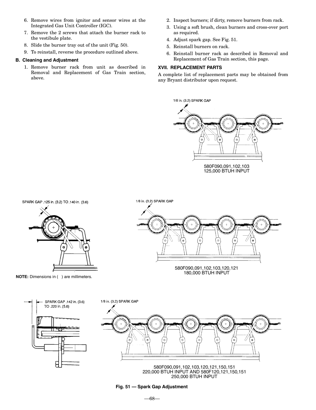 Bryant 580F installation instructions Cleaning and Adjustment, XVII. Replacement Parts 