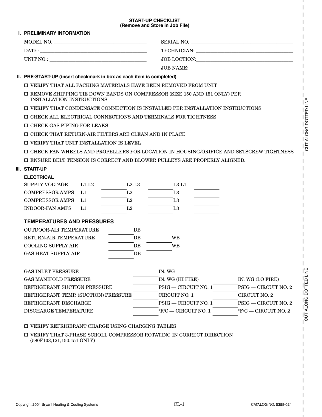 Bryant 580F START-UP Checklist, Remove and Store in Job File, Preliminary Information, III. START-UP Electrical 