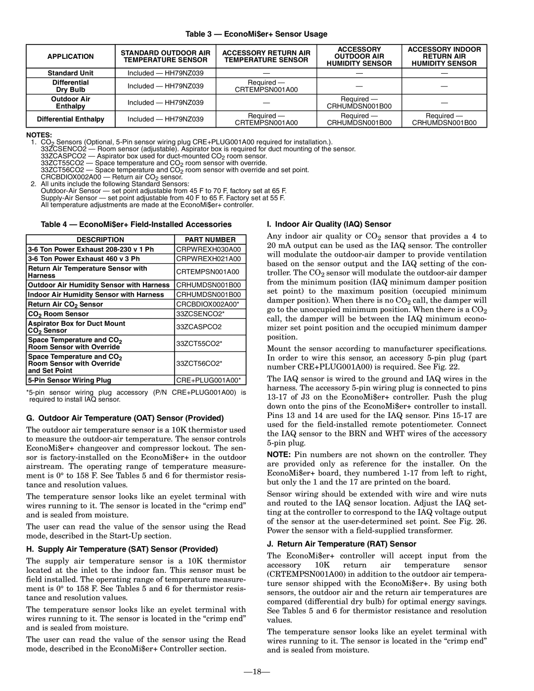 Bryant 580F EconoMi$er+ Sensor Usage, EconoMi$er+ Field-Installed Accessories, Outdoor Air Temperature OAT Sensor Provided 