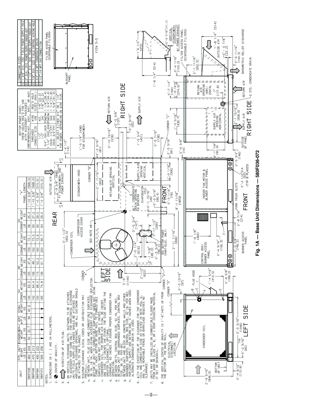 Bryant installation instructions Base Unit Dimensions 580F036-072 