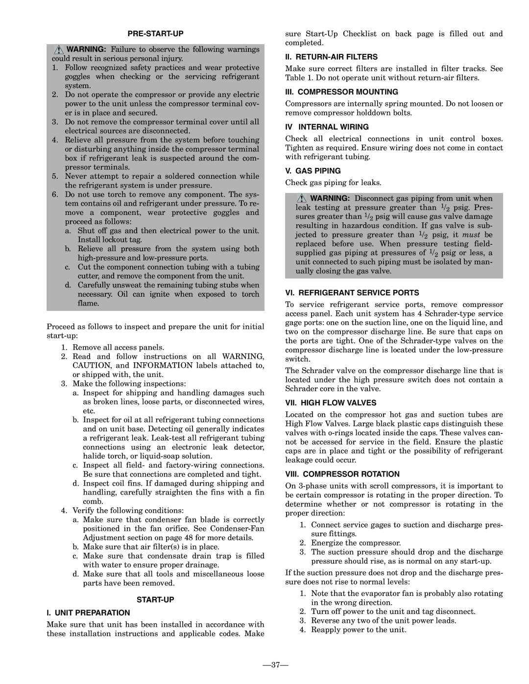 Bryant 580F Pre-Start-Up, START-UP Unit Preparation, II. RETURN-AIR Filters, III. Compressor Mounting, IV Internal Wiring 