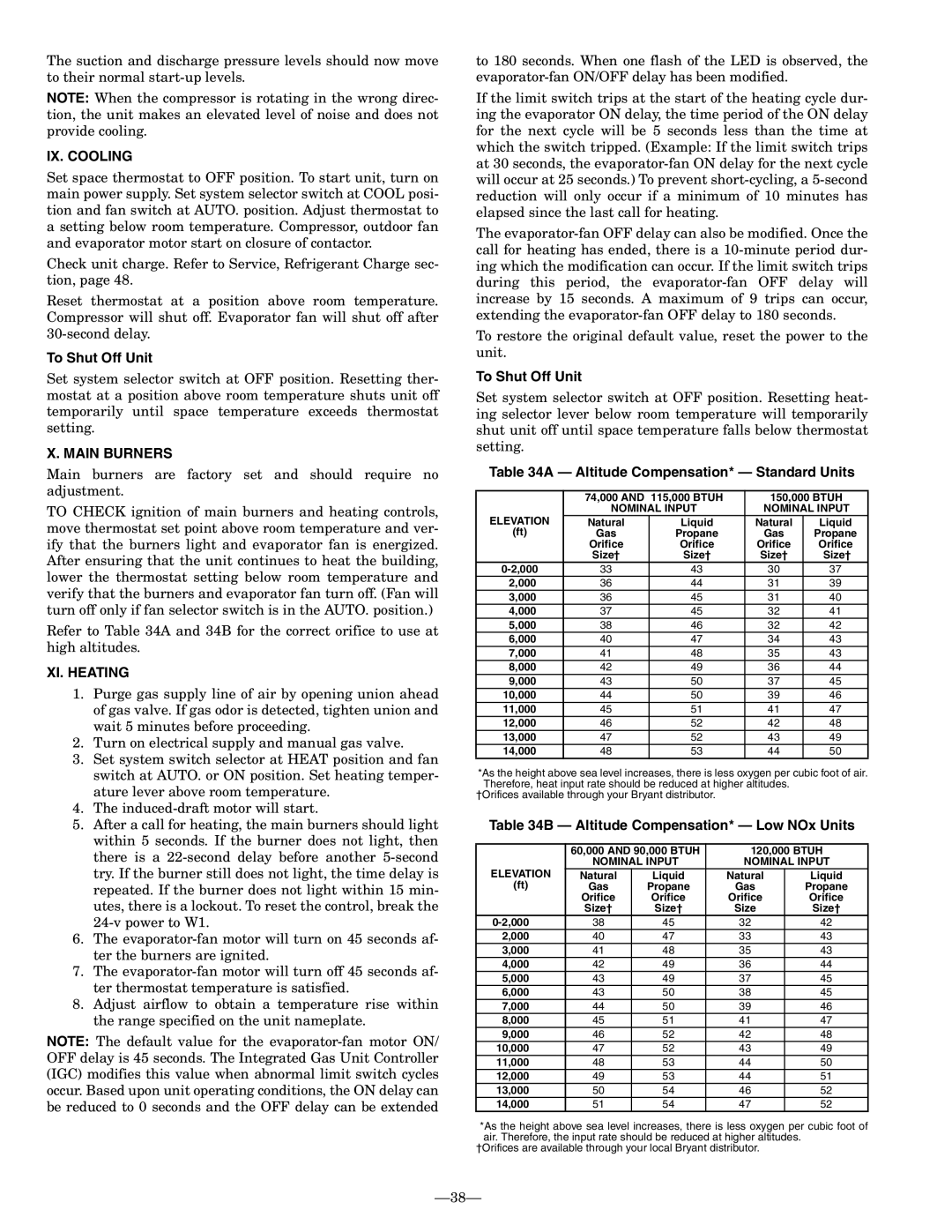 Bryant 580F installation instructions IX. Cooling, Main Burners, XI. Heating 