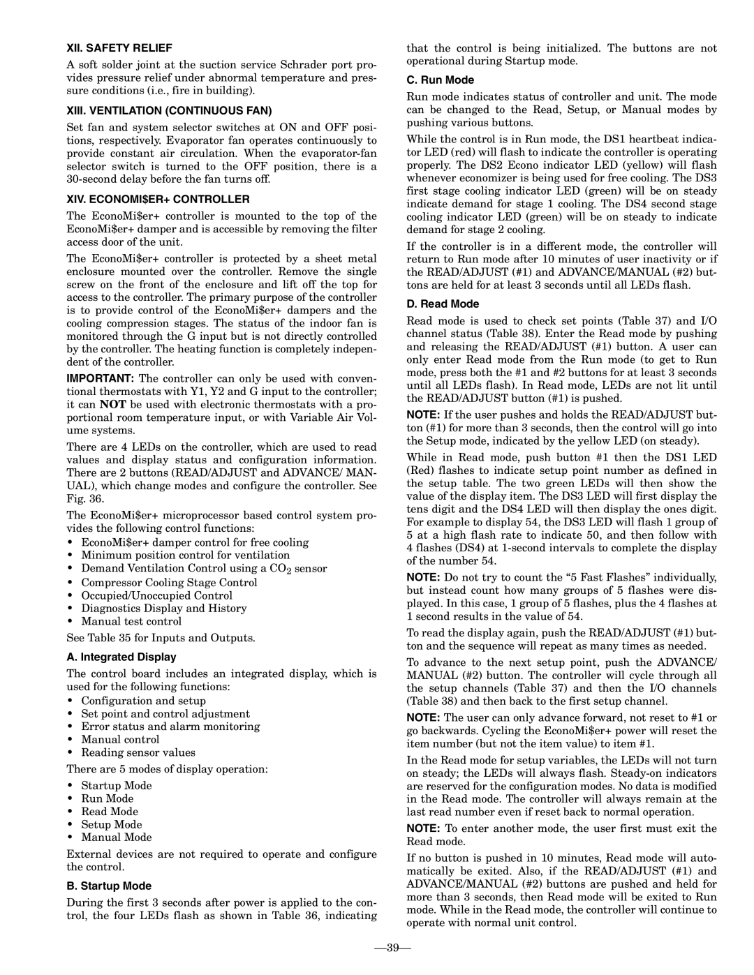 Bryant 580F installation instructions XII. Safety Relief, XIII. Ventilation Continuous FAN, XIV. ECONOMI$ER+ Controller 