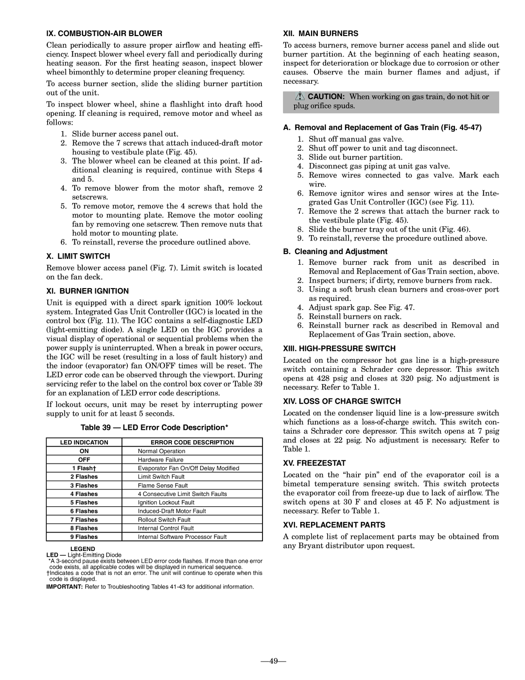 Bryant 580F IX. COMBUSTION-AIR Blower, Limit Switch, XI. Burner Ignition, XII. Main Burners, XIII. HIGH-PRESSURE Switch 