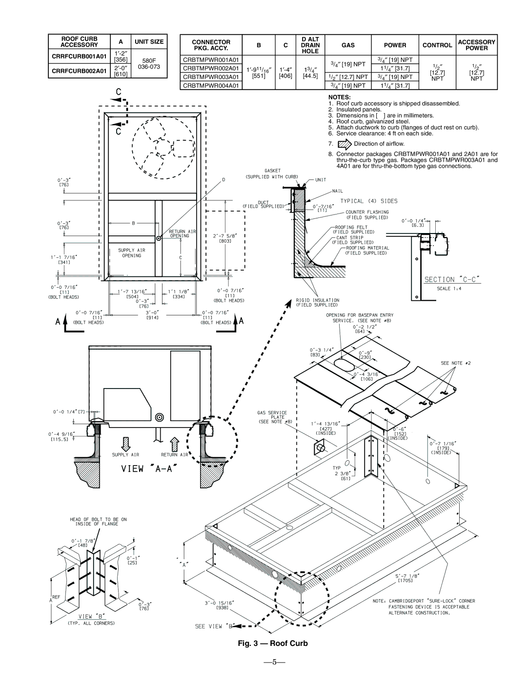 Bryant 580F Unit Size Accessory CRRFCURB001A01, CRRFCURB002A01, Connector ALT Accessory Drain GAS, PKG. Accy Hole Power 