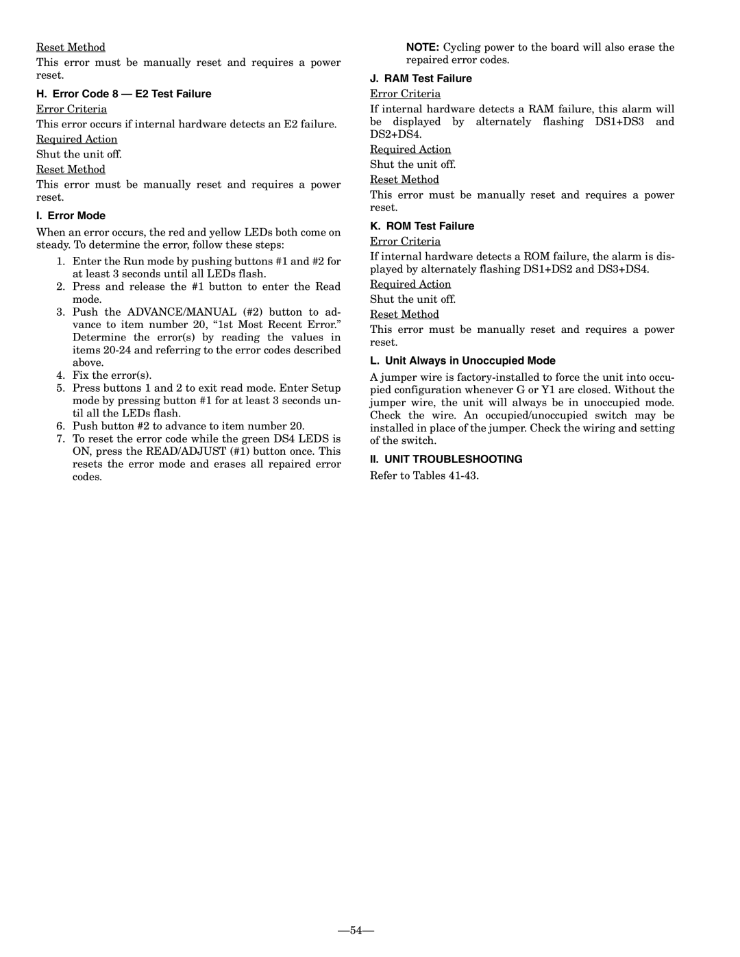 Bryant 580F Error Code 8 E2 Test Failure, RAM Test Failure, ROM Test Failure, Unit Always in Unoccupied Mode 