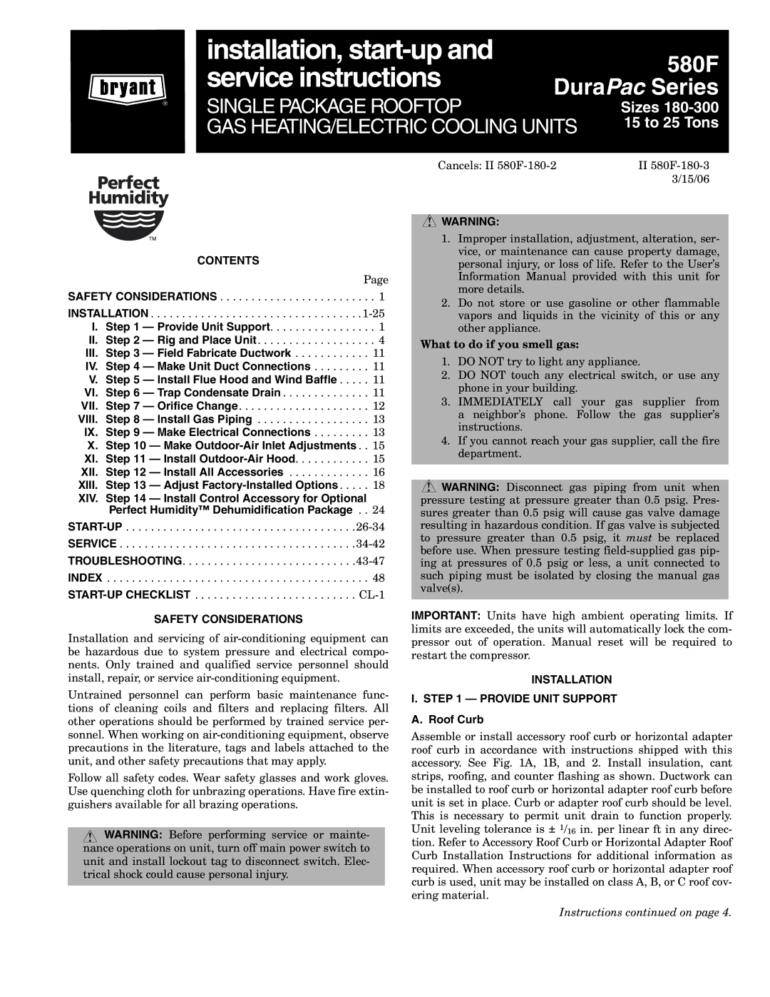 Bryant 580F operation manual Contents, Safety Considerations, Installation Provide Unit Support 