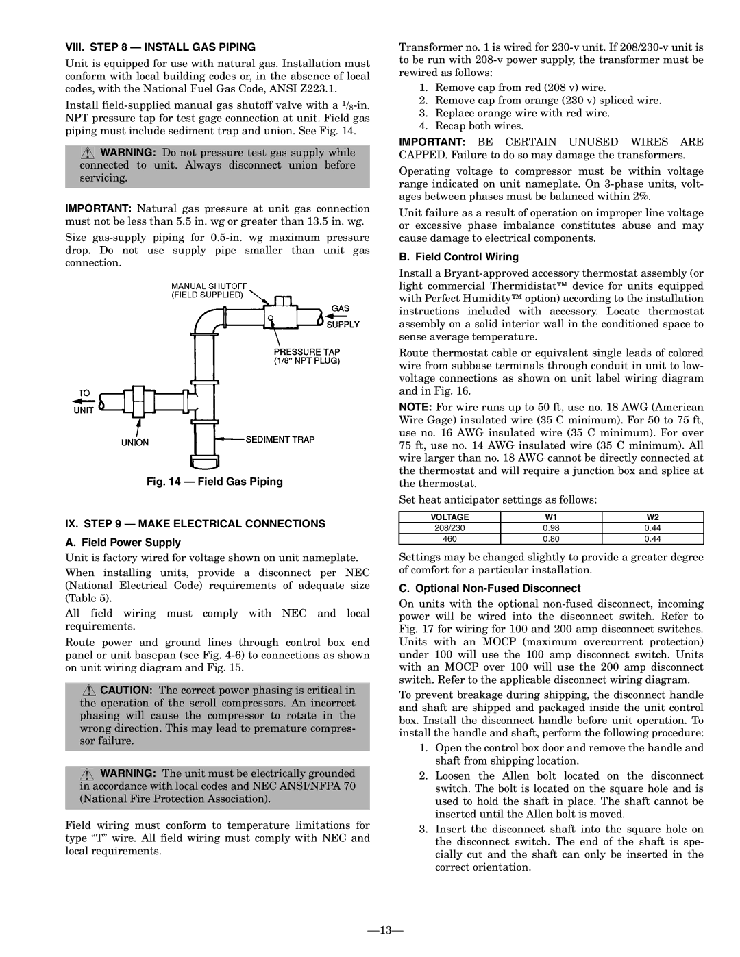 Bryant 580F operation manual VIII. Install GAS Piping, Field Control Wiring, Optional Non-Fused Disconnect 