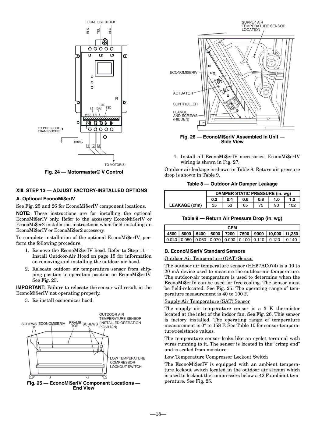 Bryant 580F Outdoor Air Damper Leakage, Return Air Pressure Drop in. wg, EconoMi$erIV Standard Sensors, Cfm 