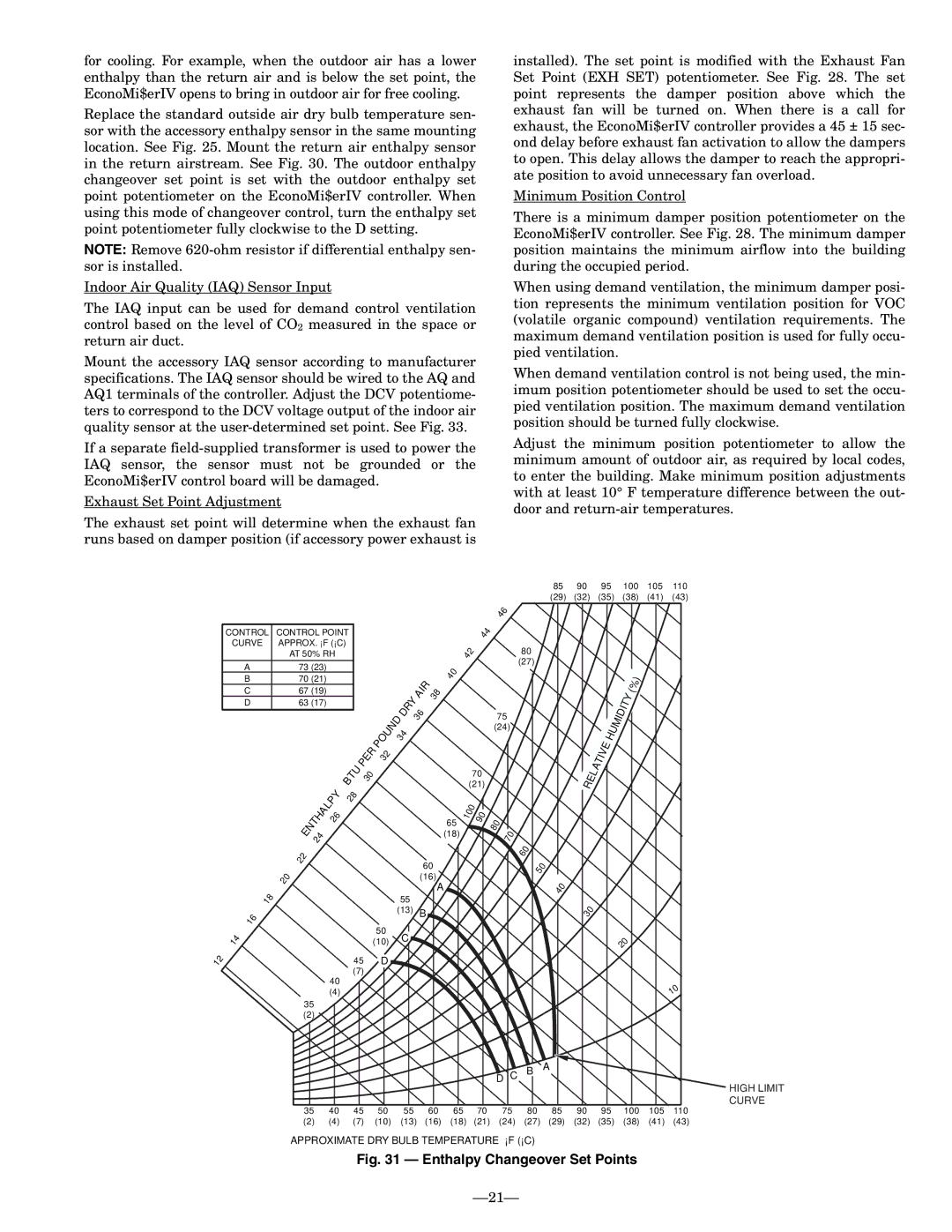 Bryant 580F operation manual Enthalpy Changeover Set Points 