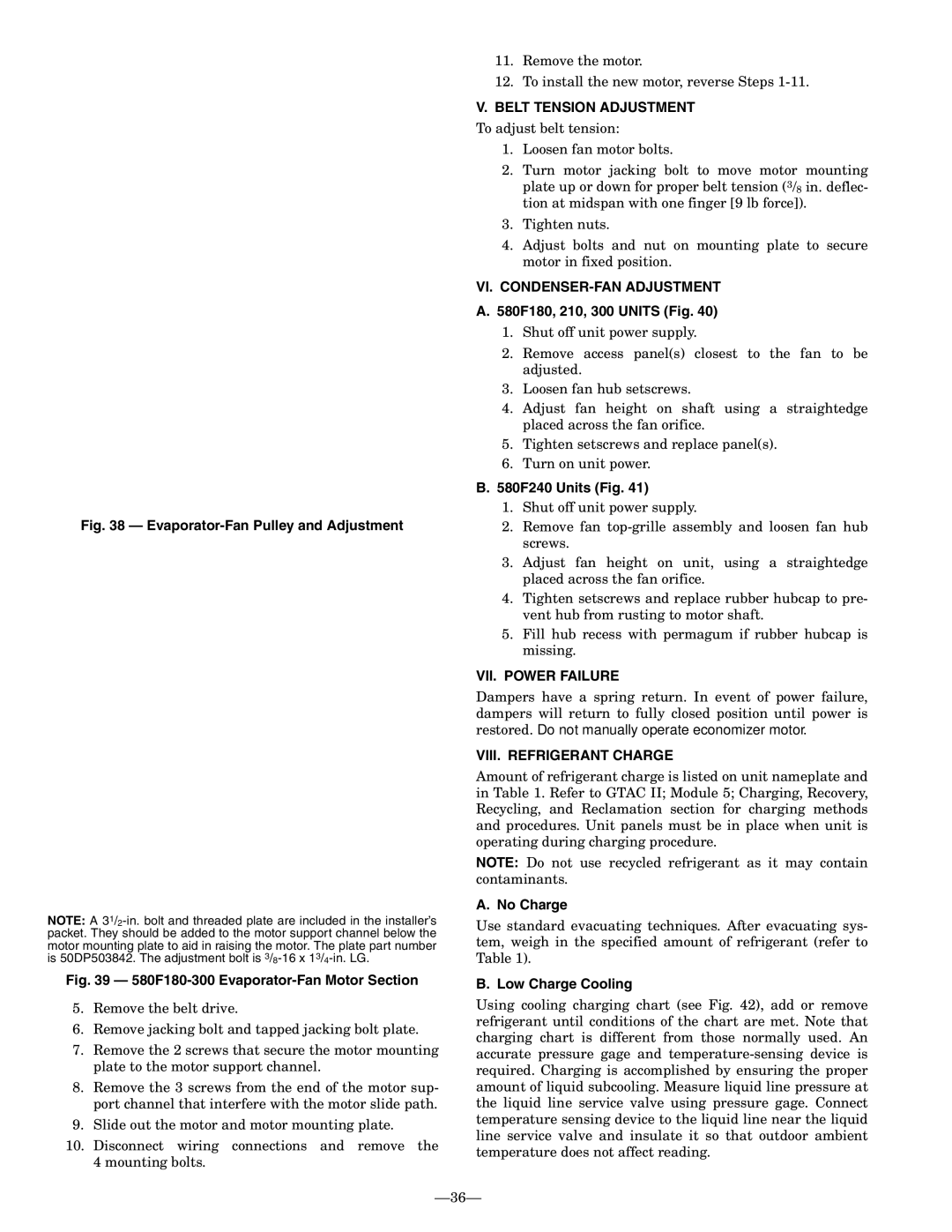 Bryant 580F Belt Tension Adjustment, VI. CONDENSER-FAN Adjustment, VII. Power Failure, VIII. Refrigerant Charge 