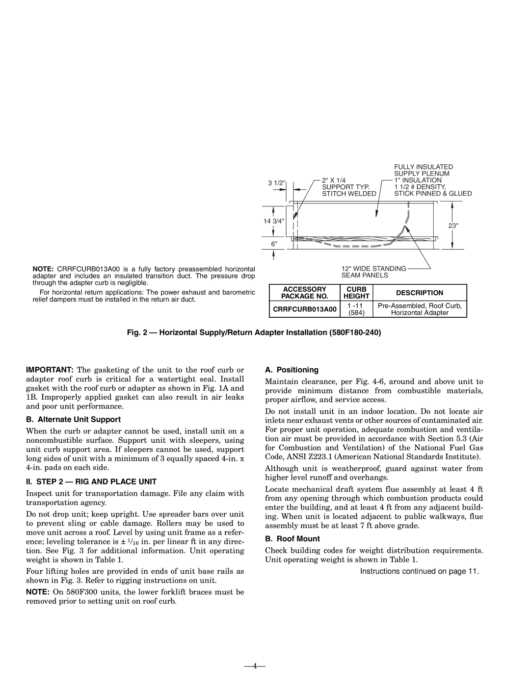 Bryant 580F operation manual Alternate Unit Support, II. RIG and Place Unit, Positioning, Roof Mount 