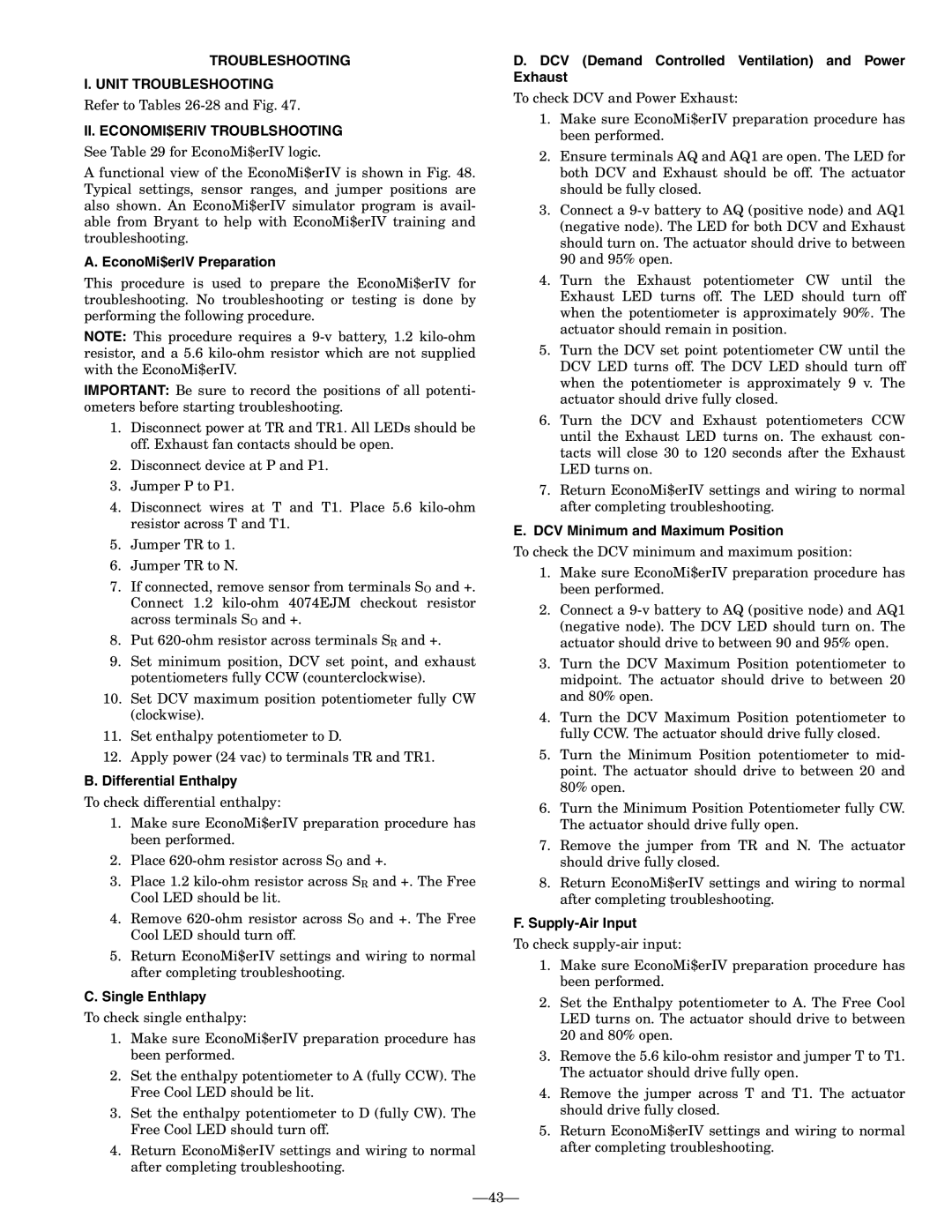 Bryant 580F operation manual Troubleshooting Unit Troubleshooting, II. ECONOMI$ERIV Troublshooting 