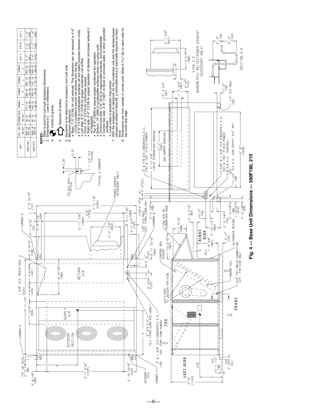 Bryant operation manual Base Unit Dimensions 580F180 