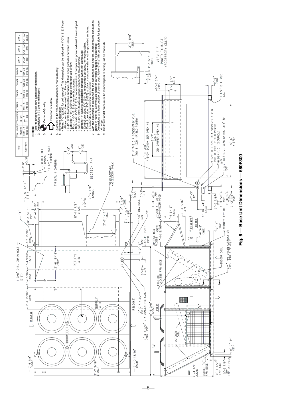 Bryant operation manual Base Unit Dimensions 580F300 