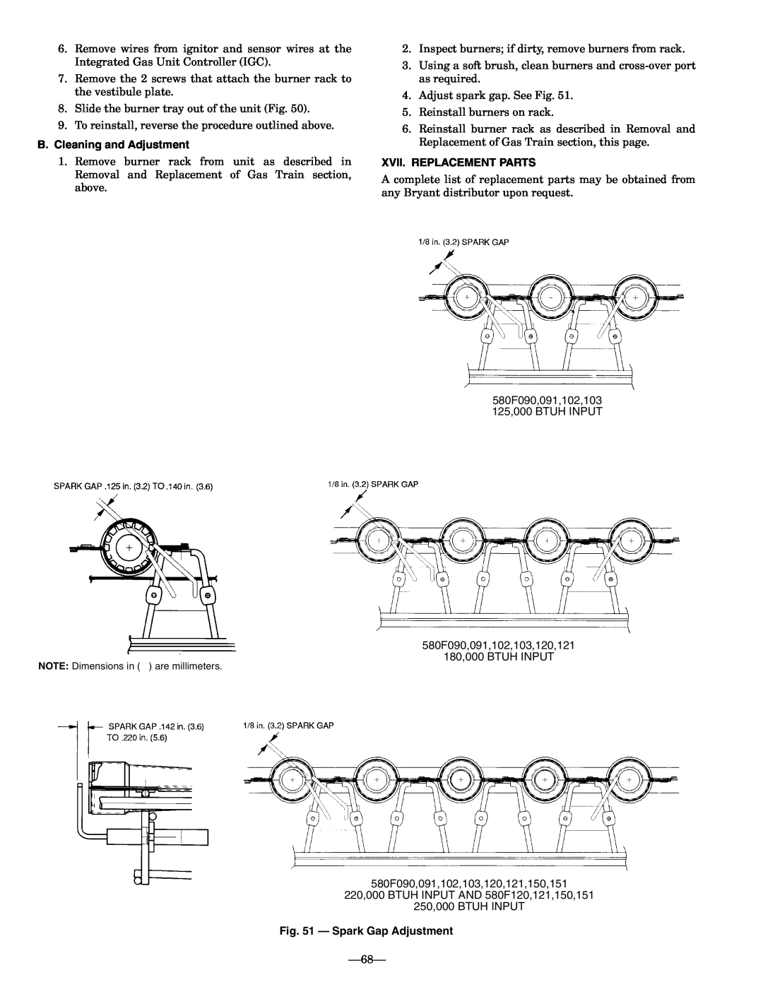 Bryant 580F installation instructions 68, B.Cleaning and Adjustment, Xvii. Replacement Parts, Spark Gap Adjustment 