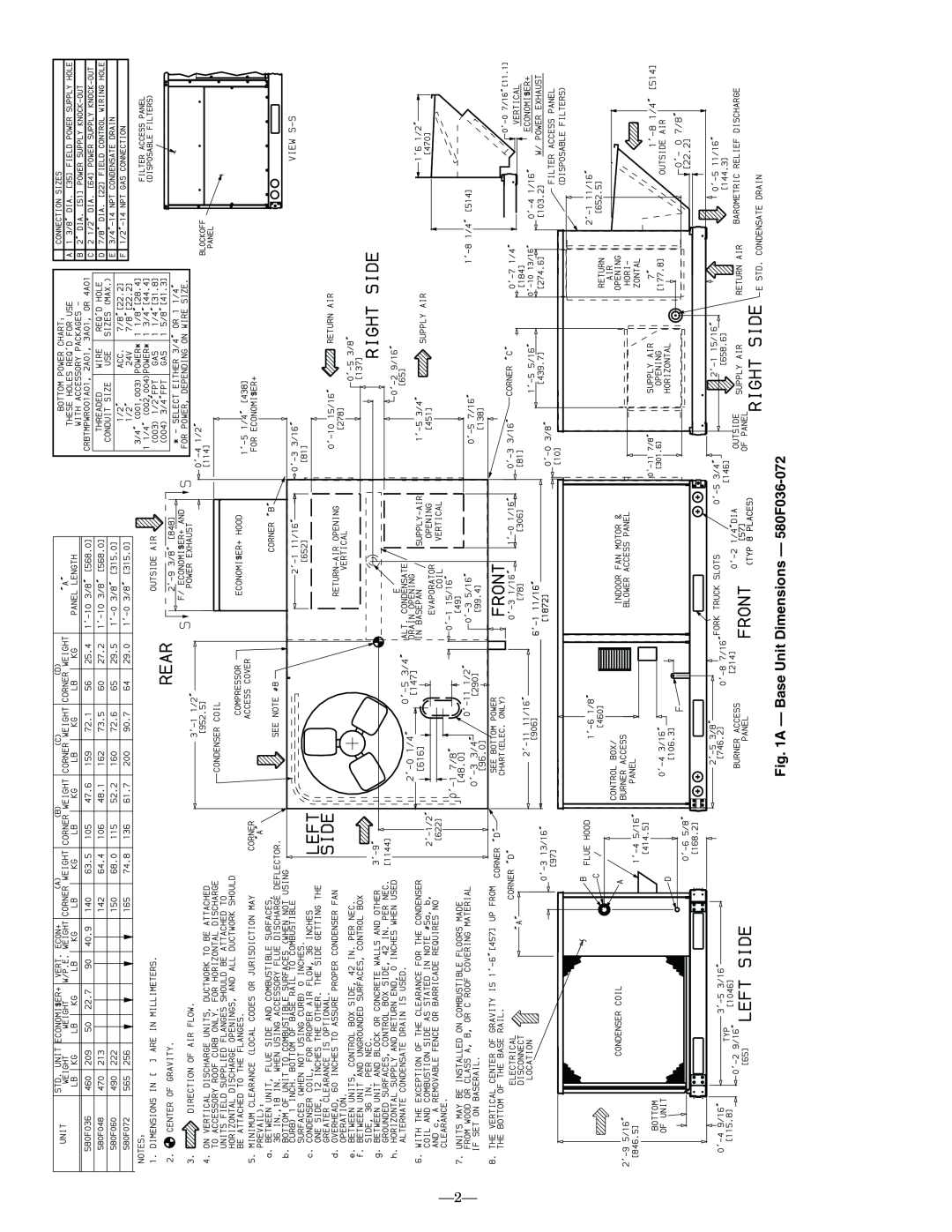 Bryant installation instructions A - Base Unit Dimensions - 580F036-072 