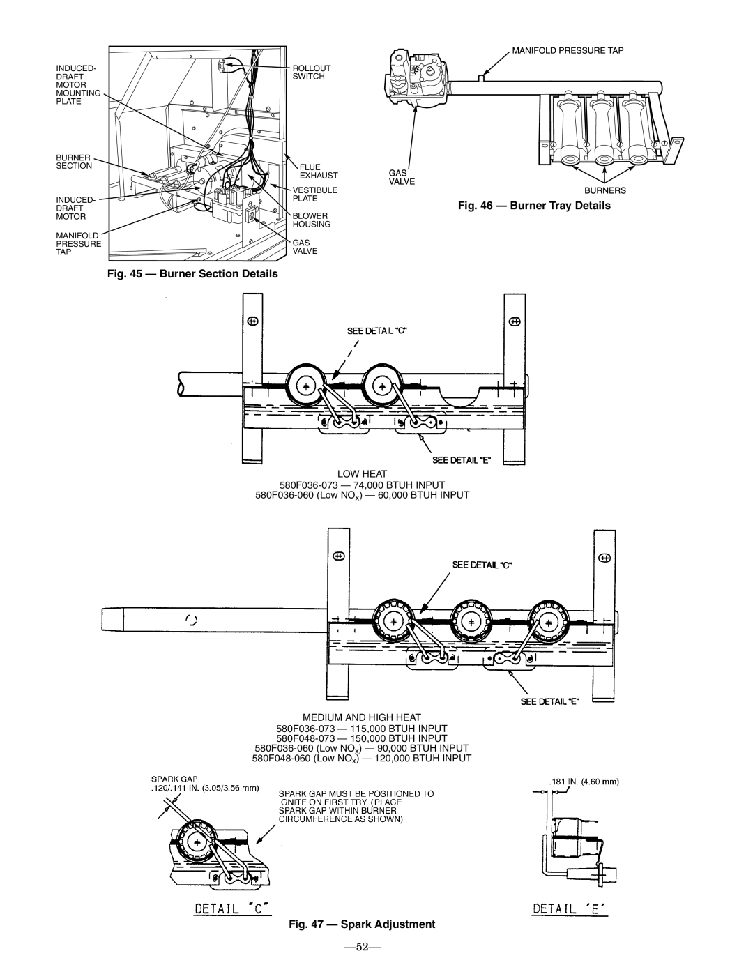 Bryant 580F installation instructions Burner Section Details, Burner Tray Details, Spark Adjustment 