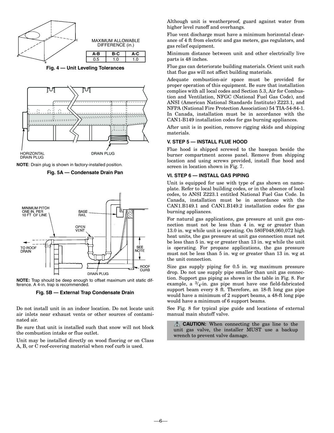 Bryant 580F Unit Leveling Tolerances, A - Condensate Drain Pan, B - External Trap Condensate Drain, V. - Install Flue Hood 