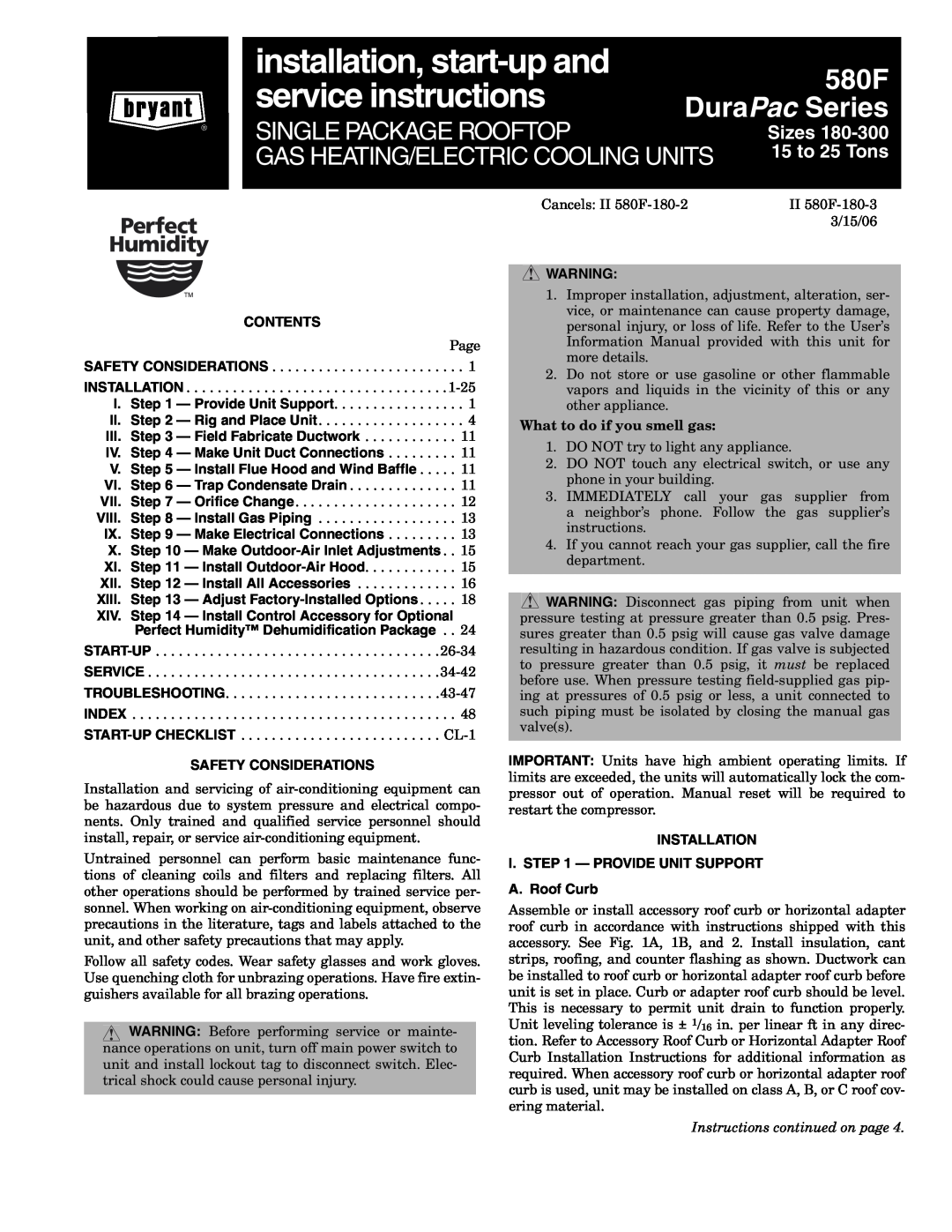 Bryant 580F installation instructions Important - Read Before Installing, Contents, III. - Install External Trap for 