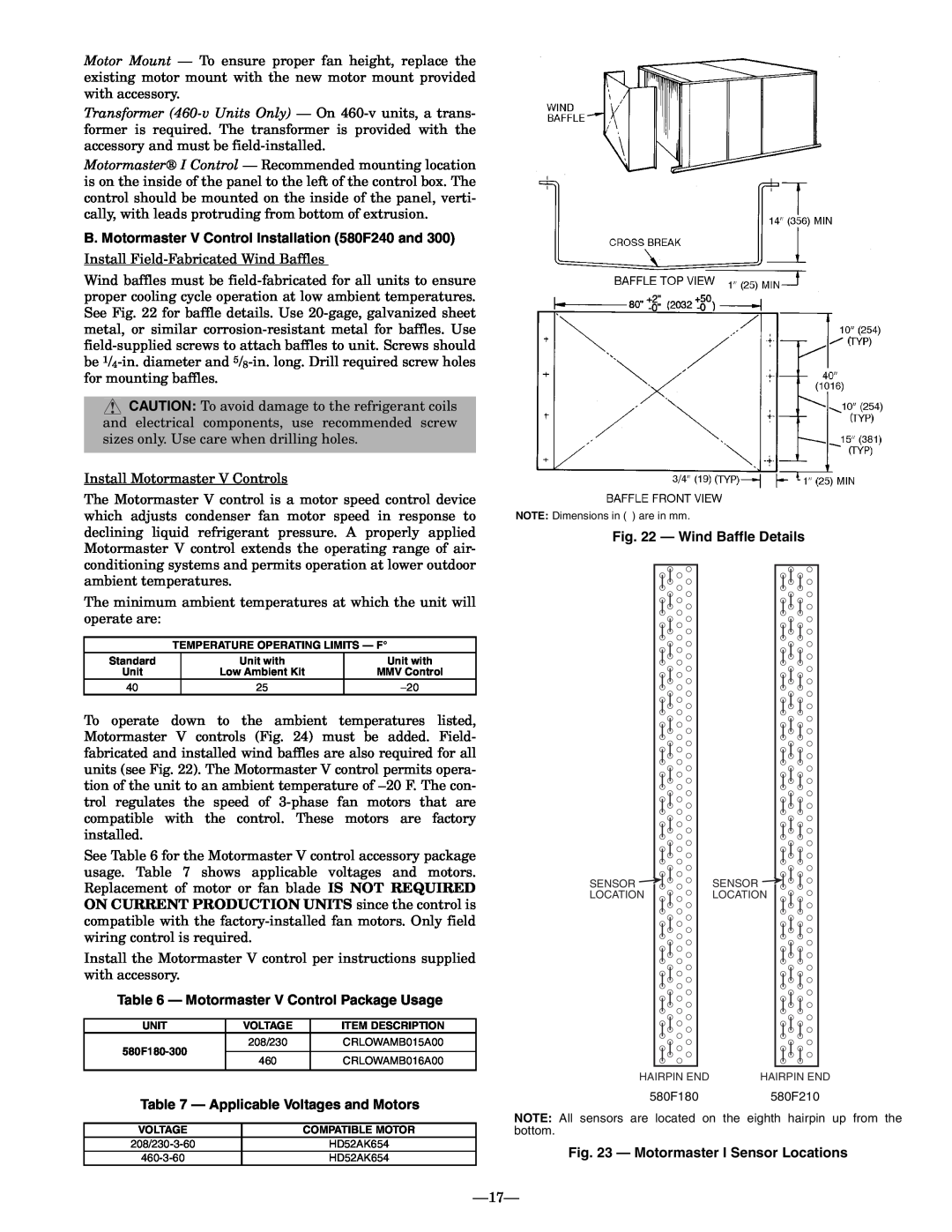 Bryant B. Motormaster V Control Installation 580F240 and, Motormaster V Control Package Usage, Wind Baffle Details 