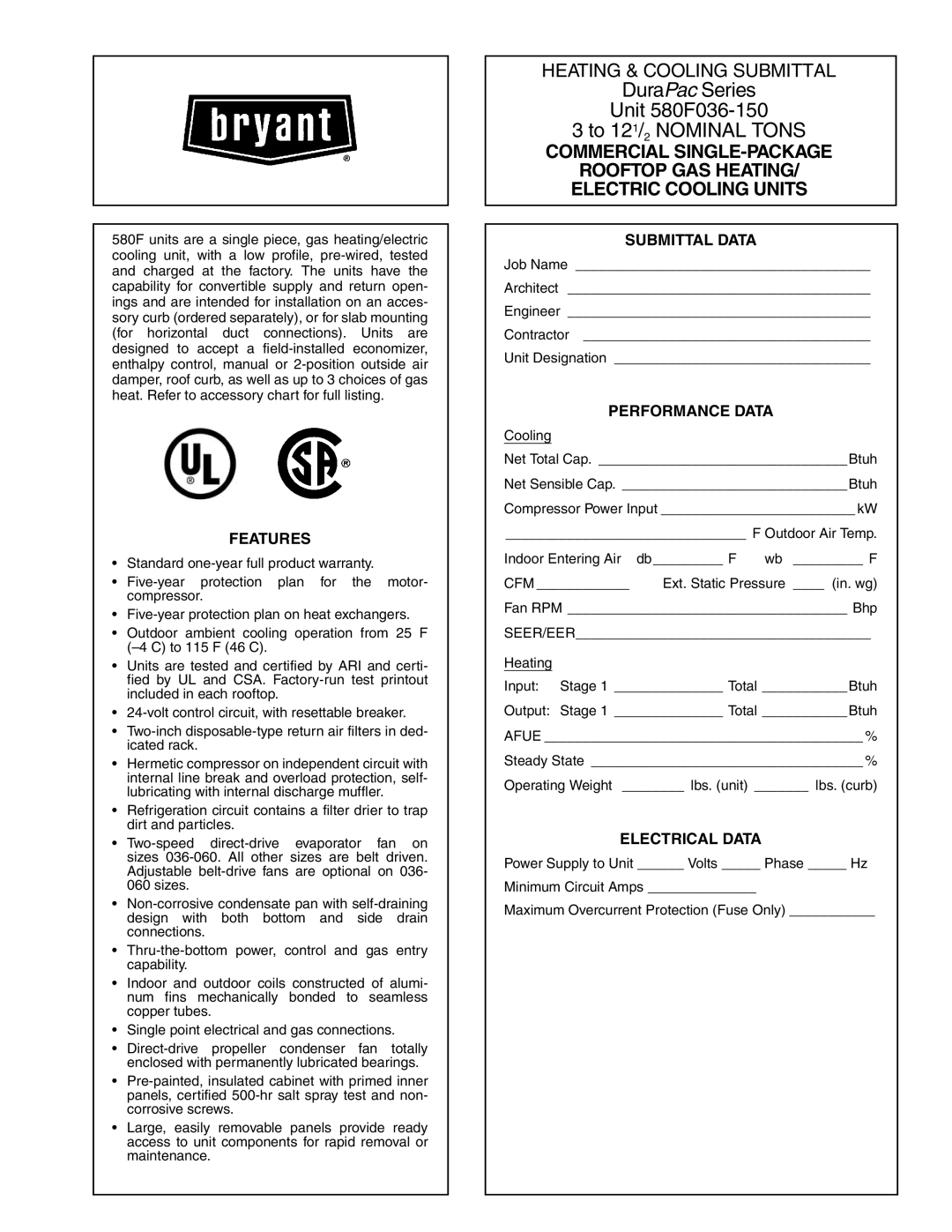 Bryant 580F036-150 warranty Features, Submittal Data, Performance Data, Electrical Data 